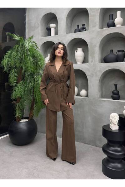 MODİVA MİX Double-Breasted Collar Belted Double K Linen Set - Also Suitable f...