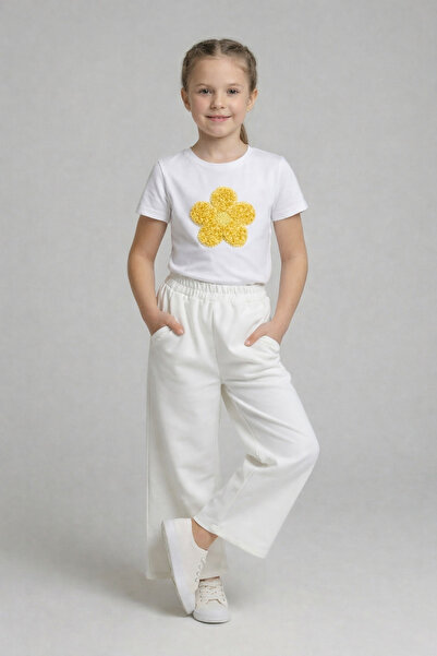 FATELLA Žuta majica sa tratinčicama za devojčice, široke bele pantalone, kost...
