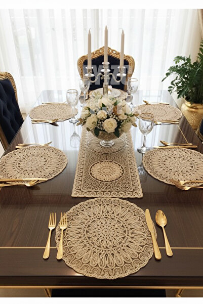 Empressco Şık Fransız Dantelli Runner ve Supla Takımı, 1 Runner ve 6 Supla, K...