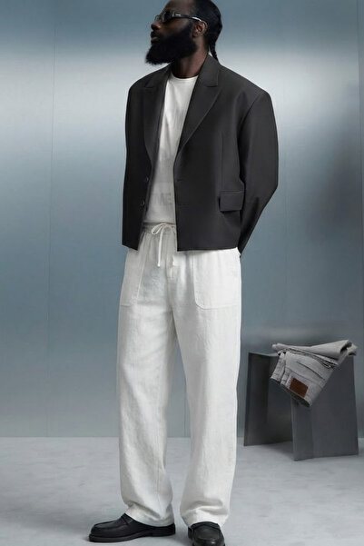 COMBİNE MİCHAİL Men's White Linen Pants with Elastic Waist