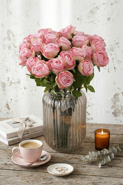 Yapay Çiçek Deposu Artificial Flower 9-Piece Gentle Luxury Gonca Rose Branch ...