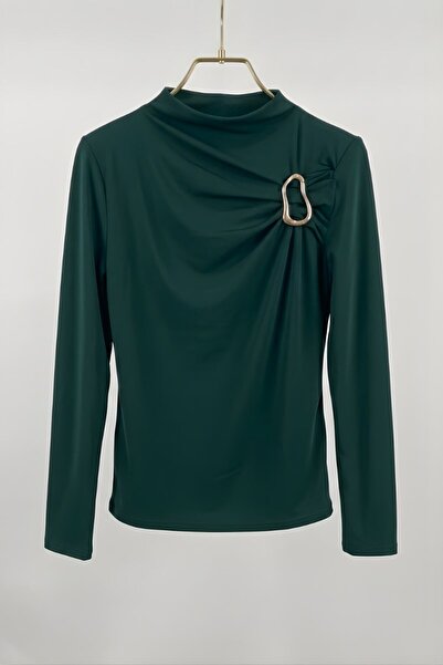 Potenza Women's Blouse with Gold Buckle Detail, Gathered Long Sleeves, Sandy ...