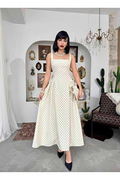 Dilek Vardar Ecru Black Polka Dot Piece Square Collar Pleated Detailed Vintag...