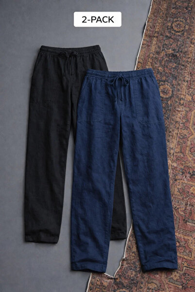 COMBİNE MİCHAİL Men's Elastic Waist Casual 2 Li Linen Trousers