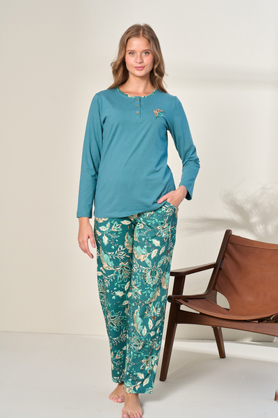 REMSA Women's Combed Cotton Long Sleeve Pajama Set 3128 Petrol01