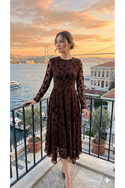 UZER Kadın bordo Tül Üzeri Flok Baskılı Elbise