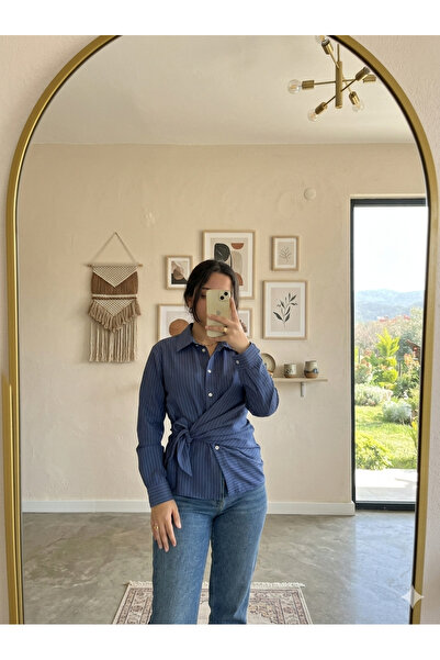 EFTELYABUTİK Kadın yandan bağlama detaylı çizgili gömlek