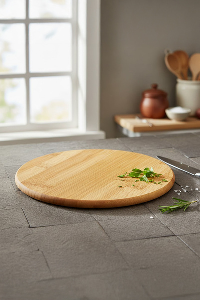 Vadi Round Bamboo Rotating Cutting Presentation Board Pizza Plate Kitchen Acc...