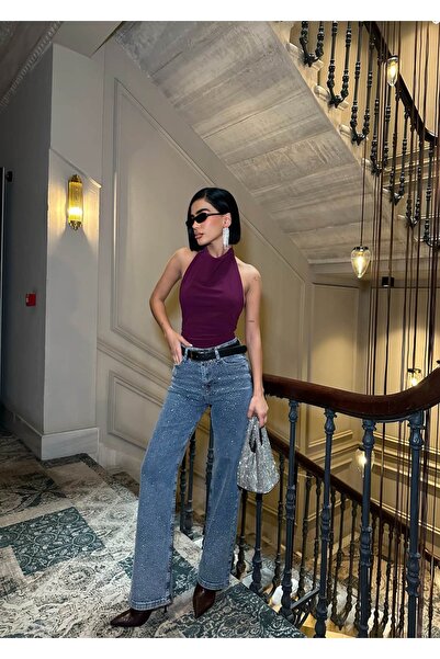 GLAMMOSS L'Atelier High Waist Shiny Stone Pattern Palazzo Jean Trousers