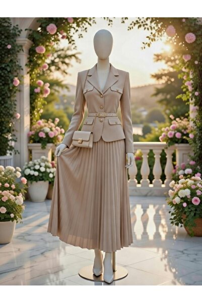 Butik Bej Blazer Ceket ve Pileli Etek Takım