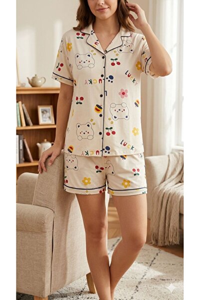 Pimody Women's Lucky Patterned Button-Front Shorts Set