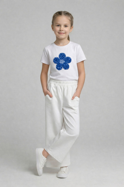 nacar çarşı تي شيرت أزرق بلون الكوبالت باباتيا للفتيات، بنطلون أبيض واسع السا...