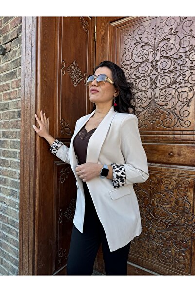 MODA Kadın Leopar Astarlı Şal Yaka Blazer Ceket