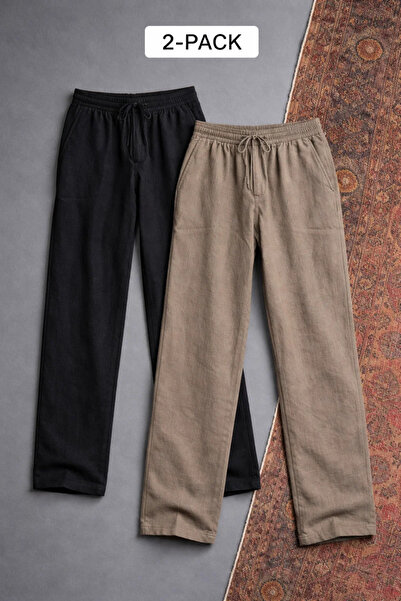 COMBİNE MİCHAİL Men's Elastic Waist Casual 2 Li Linen Trousers