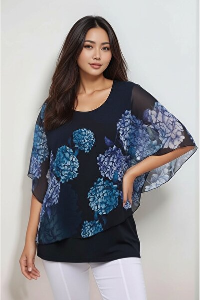 MAMAYAGA Women's Short Sleeve Asymmetrical Cut Chiffon Shawl Detail Large Siz...