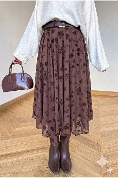 UZER Flok Baskılı Asimetrik Kesim yeni sezon midi boy Tül Etek