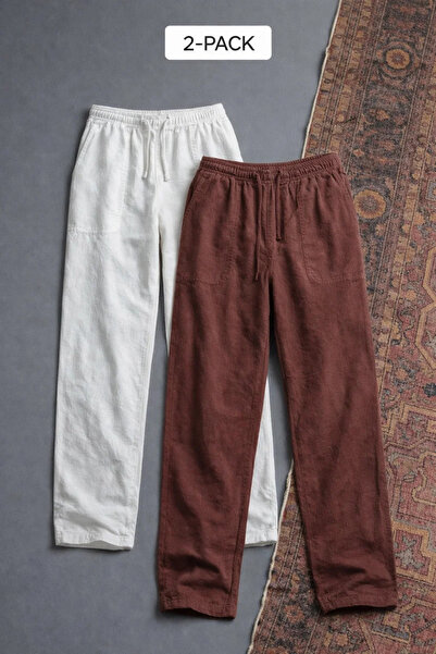 COMBİNE MİCHAİL Men's Elastic Waist Casual 2 Li Linen Trousers