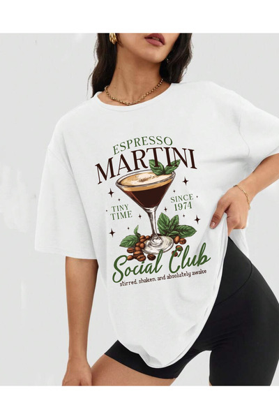 SUNFREE Espresso Martini Printed Oversized Crew Neck Short Sleeve Combed Cott...
