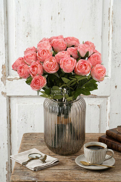 Yapay Çiçek Deposu Artificial Flower 9-Piece Gentle Luxury Gonca Rose Branch ...