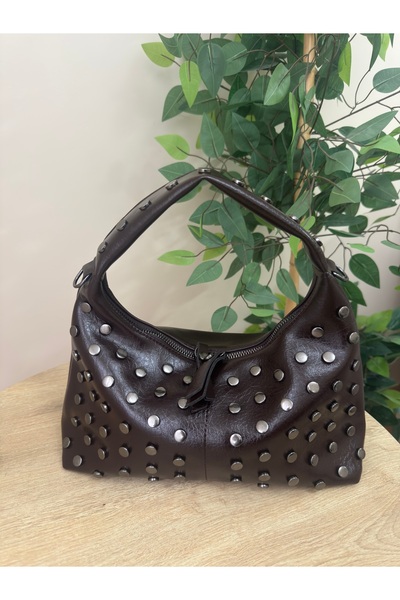 Nevalia Brown Studded Women's Shoulder Bag – Hand-Stitched and Adjustable Str...