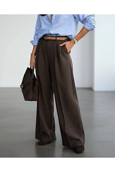 MORE MOSS Kadın Çizgili Palazzo Kumaş Pantolon