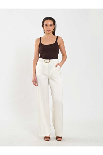 Coral Satin Belt Pack Straight Leg Trousers 031656 Cream