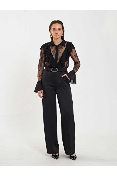 Coral Satin Belt Pack Straight Leg Trousers 031656 Black