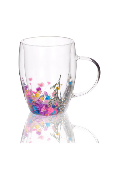 Malooki "Nicolle" Double Walled Glass Mug with Natural Multicolored Dried Flo...