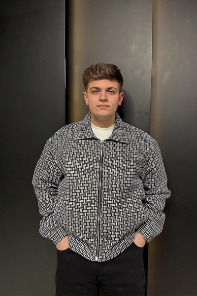 sunfyre Men's Zippered Wool Blend Goose Feet Patterned Short Melton Jacket Su...