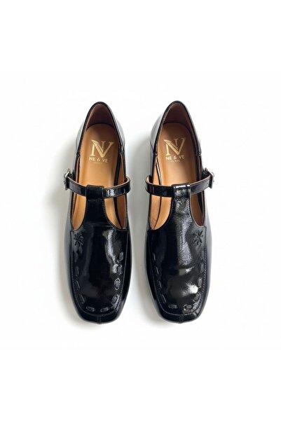 NE&VE SHOES Siyah Rugan Biye Detaylı Kadın Kare Burunlu Babet