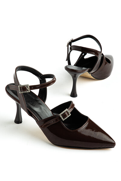 livens Women's Brown Patent Leather Ankle-Tie Stylish Buckled Pointed Toe Cla...