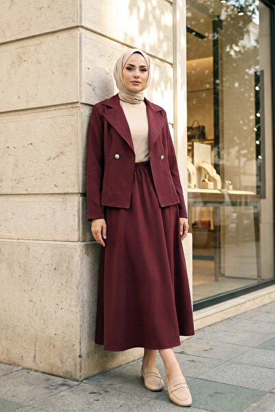 MODAQU Elegant Double-Breasted Blazer Jacket Skirt Double Crepe Set – Claret Red