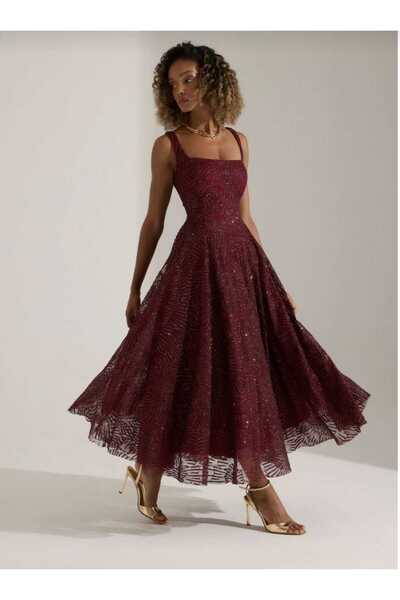 UZER Bordo Işıltılı simli Jacquard Dokulu Kare Yaka Couture premium abiye Elbise