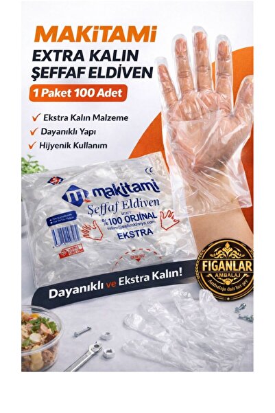 figanlar ambalaj 1 paket Makitami Extra Kalın Şeffaf Eldiven 100’lü 100 Gr Da...