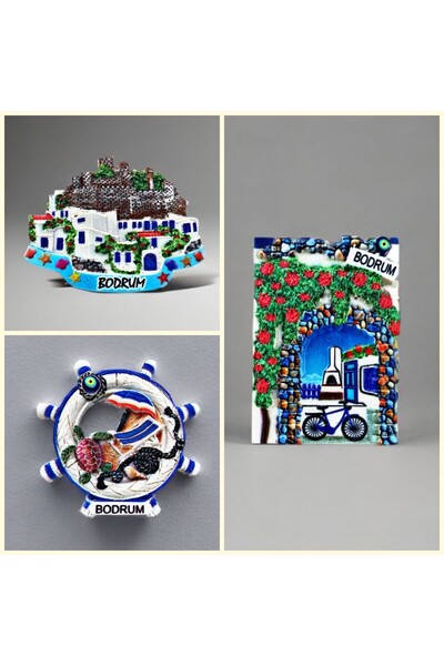 Mundy Bodrum Temalı Kabartmalı Polyester 3 lü Magnet Seti Buzdolabı Süsü (kod...