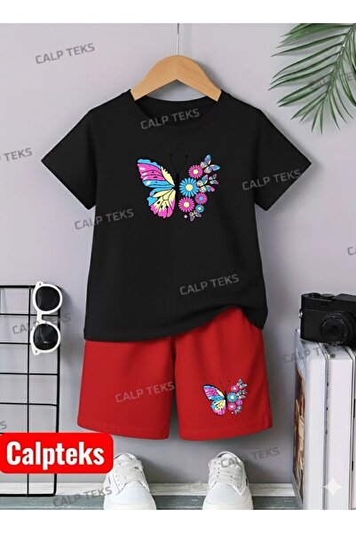 CALP TEKS Butterfly Daisy Printed Summer Shorts-T-Shirt Children's Set