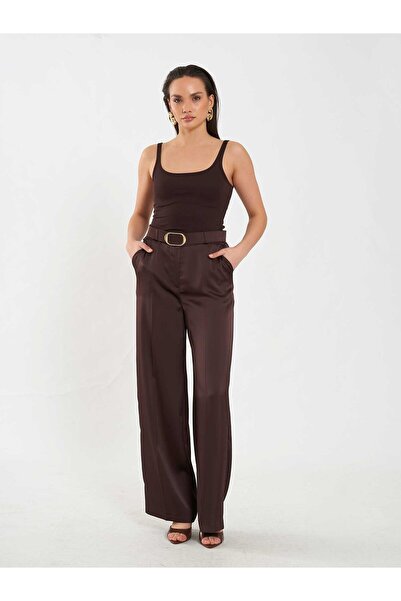 Coral Satin Belt Pack Straight Leg Trousers 031656 Brown