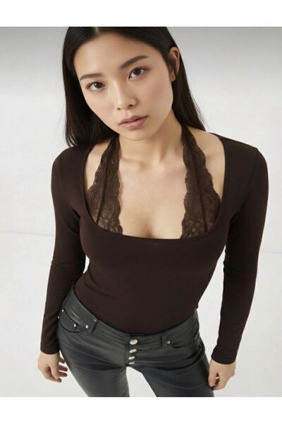 FLEX FASHION Negru TREND dantelă piese cu mânecă lungă, bluză populară cu det...