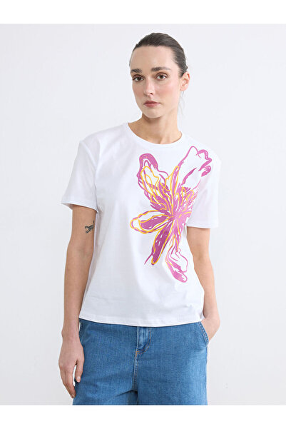 LC Waikiki White Crew Neck Floral Women's T-Shirt