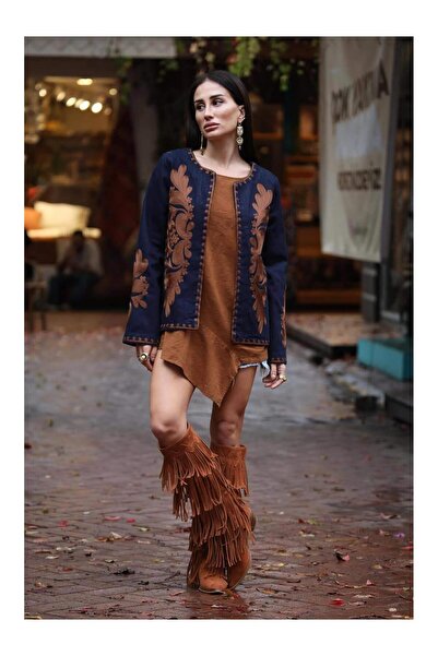 Coral Embroidered Long Sleeve Denim Jacket 5583A Navy Blue