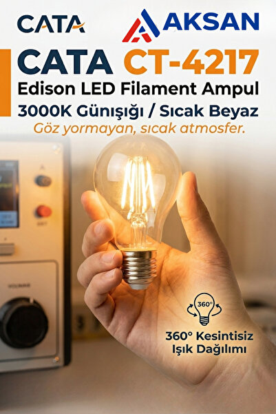 Cata CT-4217 8W E27 LED Filament Ampul – 3000K Günışığı Şeffaf Edison Rustik ...