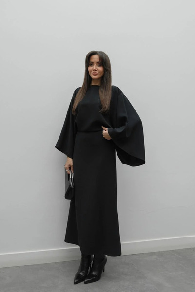 MOZENA Arkası Tie-Detail Boat Neck Bat Sleeve Midi Dress