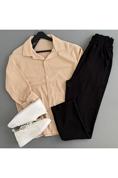 WENMİNG Men's Wrinkled Shirt and Pants Summer Top and Bottom Combination