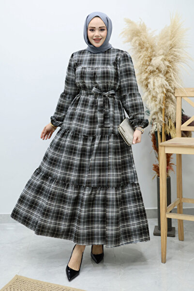 Tesettür Dünyası Robalı Plaid Dress Tsd260134 Smoked
