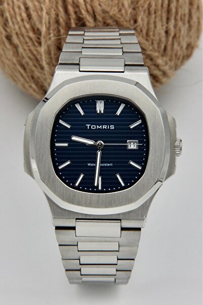 TOMRİS Fully Top Quality Steel, Waterproof , Silver Band, Navy Blue Dial Men'...