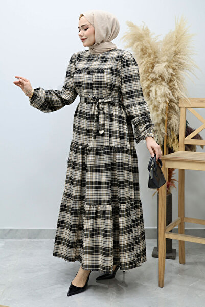 Tesettür Dünyası Robalı Plaid Dress Tsd260134 Camel