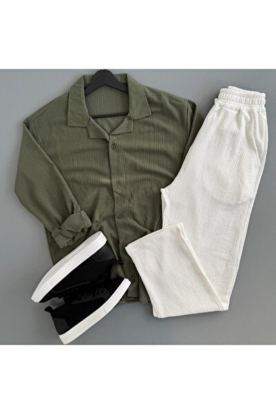 WENMİNG Men's Wrinkled Shirt and Pants Summer Top and Bottom Combination