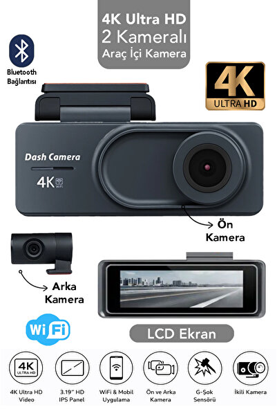 mimtec 4K Ultra HD Araç Kamerası - 2 Kameralı Wifi G-Sensör Ön Arka Geniş Açı...