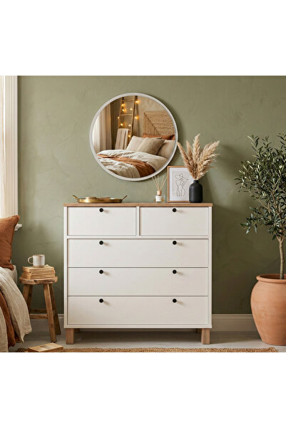 Robin Home Alaska Aynalı Şifonyer 5 çekmeceli Ahşap Ayak Ahşap Beyaz