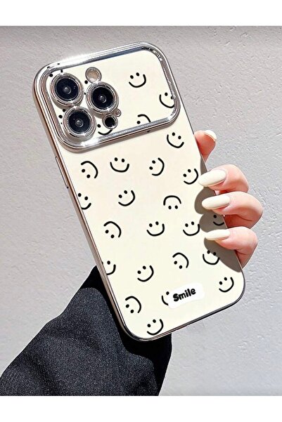 MİRAZ TASARIM iPhone 15 Pro Max Smi̇le D Patterned Cream Color Case with Shin...